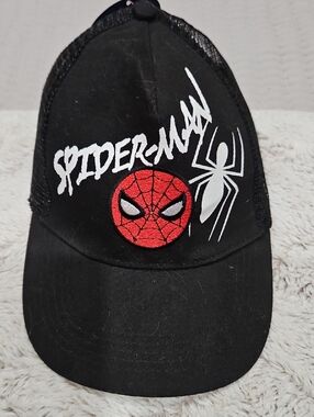 Spiderman Black Cap with Red Embroidered Face and White Graphics
